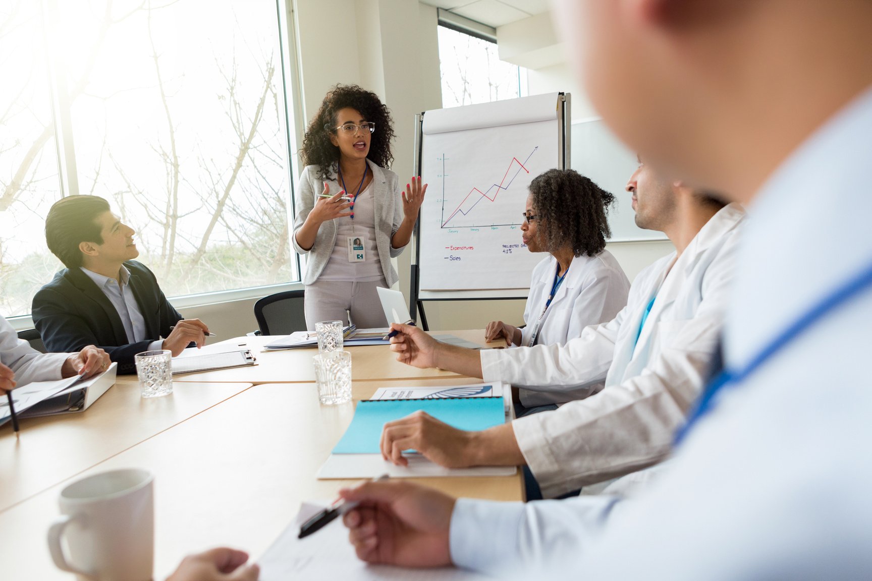 Medical sales rep gives presentation to doctors